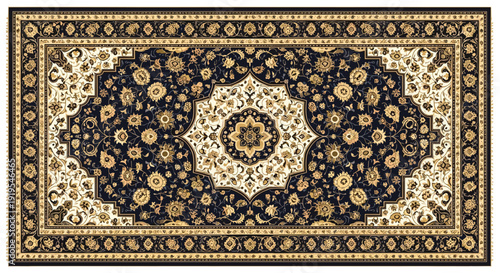 A stunning dark Persian rug features an elegant light central medallion and wide complementary border, intricate gold floral patterns.