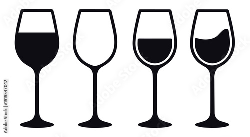 Four wine glasses with different amounts of dark liquid