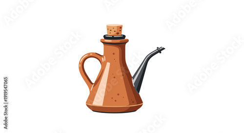 Terracotta olive oil dispenser bottle with a brown cork and a long dark metal pouring spout.