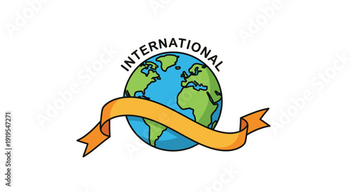 A vibrant green and blue globe with an orange banner wraps around it, featuring INTERNATIONAL text on top.