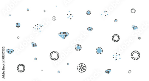 A scattered pattern of various blue, black, and grey diamond shapes and geometric elements floats on a white background.