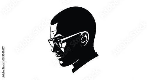 Black and white silhouette of a man's head in profile looking down thoughtfully while wearing eyeglasses.