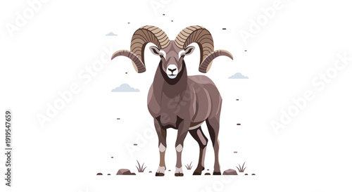 A large bighorn ram stands facing forward, displaying its impressive curved horns against a subtle background of clouds and rocks.