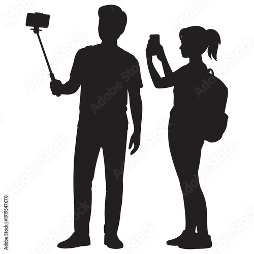 Two people taking selfie with smartphone and selfie stick isolated on transparent background