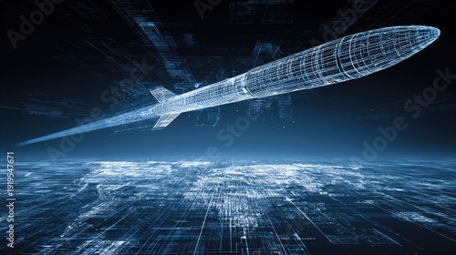 Wireframe ballistic projectile travels across a glowing digital landscape at night