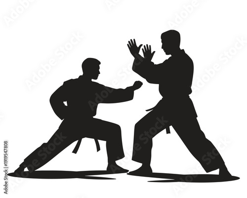 Two martial artists practicing selfdefense techniques in dynamic fighting stances silhouette style