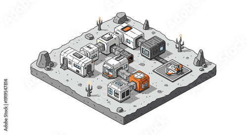 Isometric view of a lunar base or moon colony with interconnected modular habitats, communication dishes, and a landing pad.