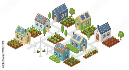 Isometric view of an eco-friendly town with houses, solar panels, vegetable gardens, and wind turbines for sustainable living.
