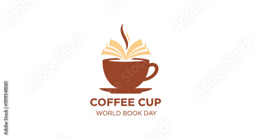 Vector coffee cup logo with book and steam, World Book Day symbol.
