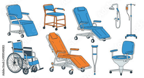 Collection of diverse medical equipment featuring wheelchairs, examination chairs, crutches, an IV stand, and commode for healthcare.