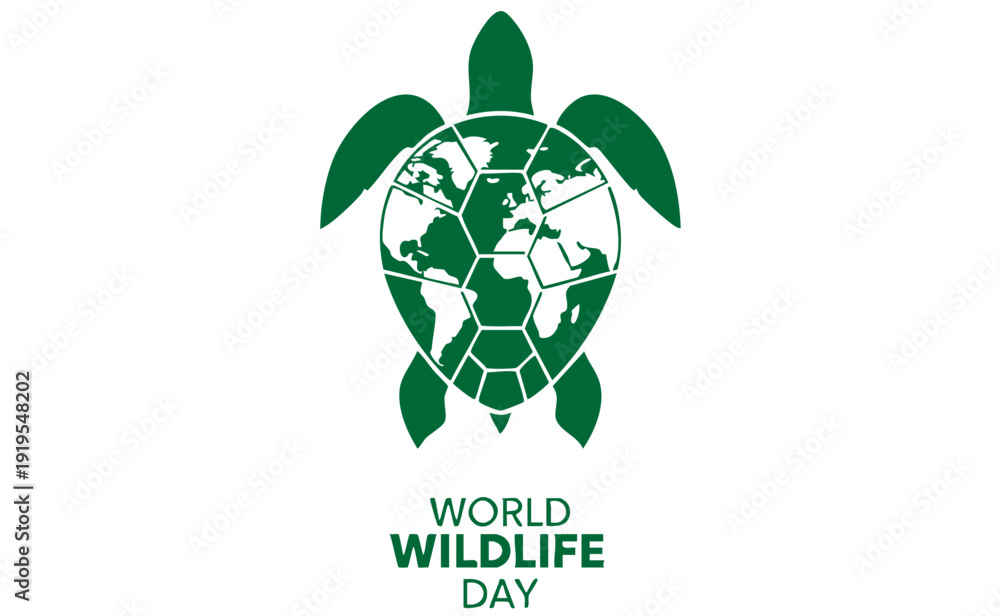 Fototapeta premium World Wildlife Day turtle silhouette with world map shell vector illustration for conservation campaigns