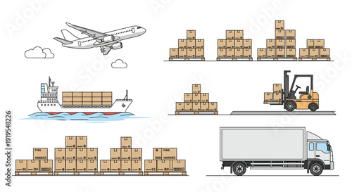 Diverse global logistics operations showcasing various modes of transportation and warehouse activities with cargo boxes.