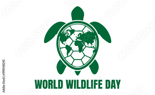 World Wildlife Day turtle silhouette with world map shell vector illustration for conservation campaigns