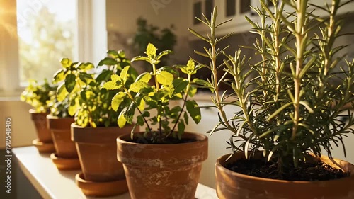 Potted herbs on windowsill illuminated by natural sunlight