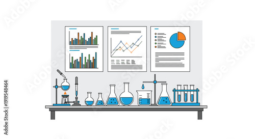 Various laboratory beakers, flasks, and test tubes with blue liquids are actively displayed on a shelf with scientific charts.