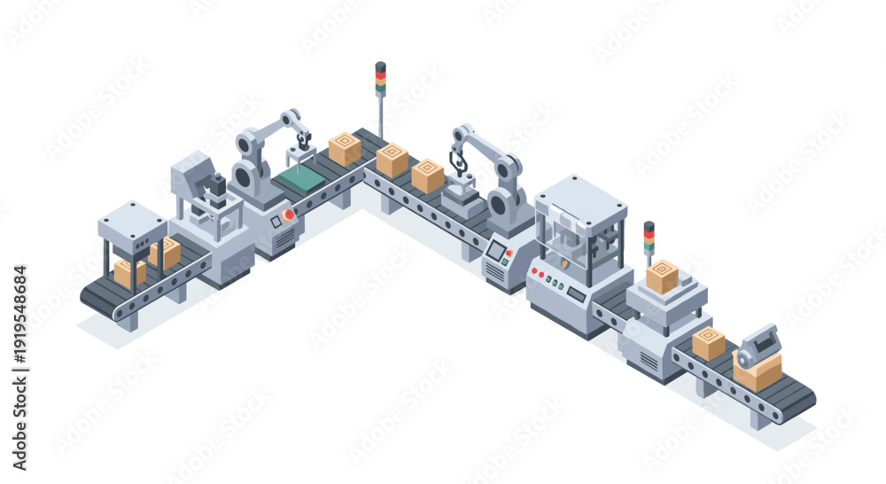 Obraz premium A modern factory automation line with robotic arms, conveyor belts, and machines processes packages.
