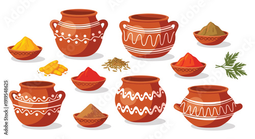 Collection of terracotta pots with white patterns and bowls of colorful spices including turmeric, chili, cumin, and coriander.