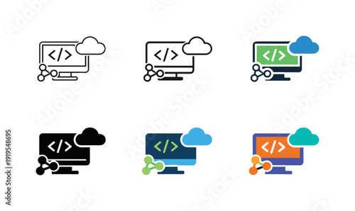 Computer screen with code symbol, cloud and network connection icons