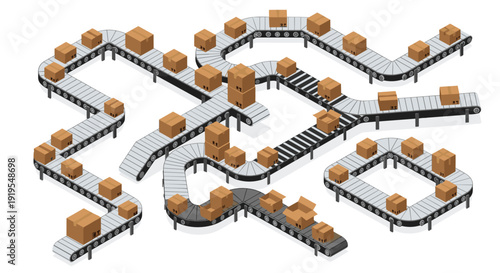 A complex network of interconnected grey conveyor belts moves numerous brown cardboard boxes in an isometric view.