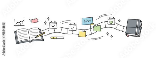 Doodle style timeline with calendar icons, sticky notes, and a notebook representing progress
