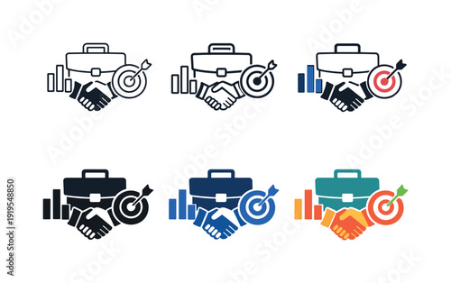 Business handshake with briefcase, target, and growth chart icons in various styles