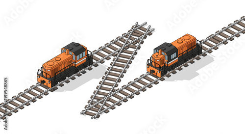 Isometric illustration of two diesel locomotives on parallel railway tracks with a track switch connecting them.