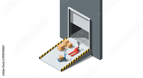 Isometric loading dock scene with an open roller shutter door, ramp, cardboard boxes, hand truck, and pallet jack.