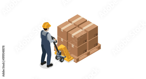 Isometric illustration of a warehouse worker in a hard hat moving stacked cardboard boxes on a wooden pallet with a manual pallet jack.