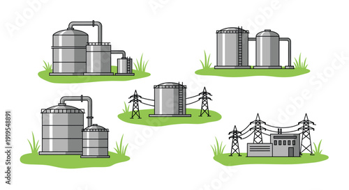 Collection of various industrial storage tanks and an electricity power station with transmission towers on green grass patches.