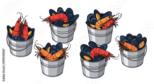 Seven individual metal buckets are each filled with a mixture of raw mussels and uncooked shrimp on a white background.