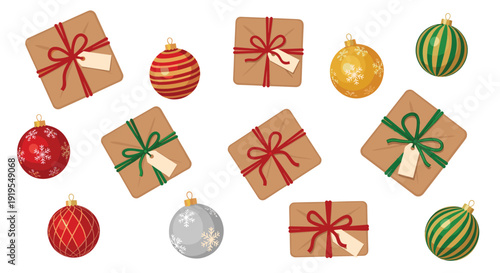 A festive scattering of square kraft paper gift boxes with colorful ribbons alongside round Christmas ornaments on a white background.