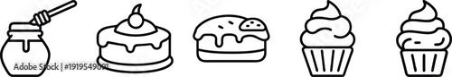 on a transparent background Collection of simple line icons for desserts: honey pot, cupcakes, pastries, and sweet treats, perfect for bakery menus, food blogs, and recipes.