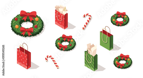 Isometric collection of festive Christmas wreaths, colorful shopping bags, and striped candy canes on a plain white background.