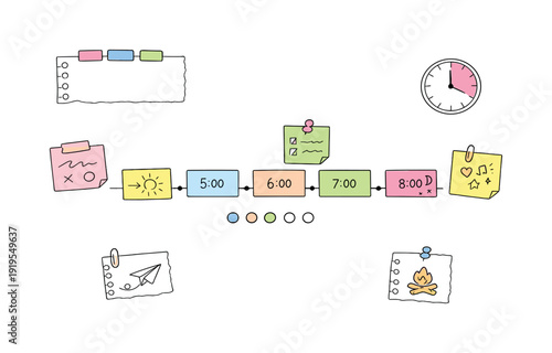 Daily schedule timeline with time blocks, timer and notebook page scraps, sticky notes and progress dots for Youth group planner