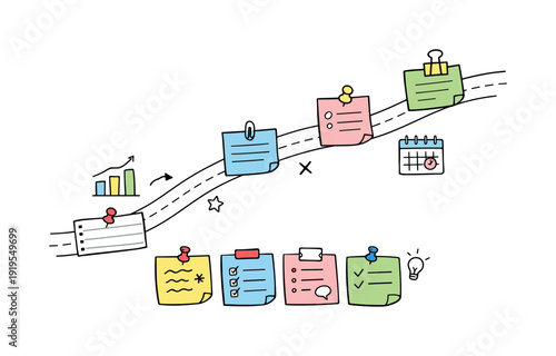 Milestone roadmap path, notebook strips as checkpoints, mini chart and calendar icons, pinned sticky notes for Daily standup