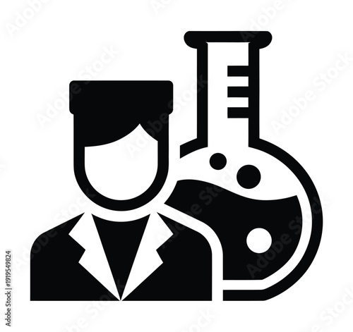 Vector of a scientist next to chemical flasks