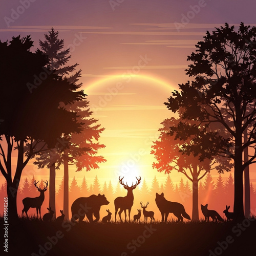 Silhouettes of diverse wild animals standing together against a golden sunset savanna representing World Wildlife Day conservation unity