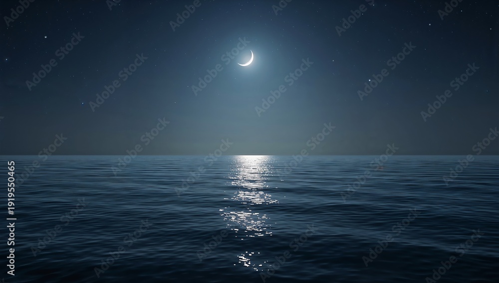 Fototapeta premium Serene ocean under a crescent moon and starry night sky with moonlit path