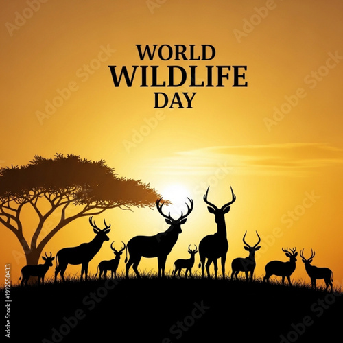 Silhouettes of diverse wild animals standing together against a golden sunset savanna representing World Wildlife Day conservation unity