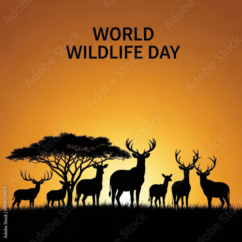 Silhouettes of forest animals gathered near trees at sunrise symbolizing environmental protection for World Wildlife Day