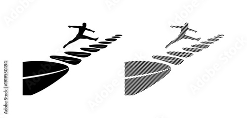 Silhouette of a person leaping up a stylized staircase, symbolizing achievement and progress.