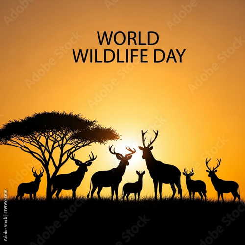 Silhouettes of forest animals gathered near trees at sunrise symbolizing environmental protection for World Wildlife Day
