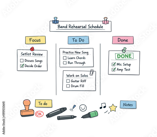 Kanban task cards on paper, column headers on sticky notes, stamps and markers, checklist symbols for Band rehearsal schedule