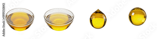 Premium Golden Cooking Oil PNG Set, Pure Liquid Vegetable Oil in Bowls and Drops Isolated on White, Culinary Ingredient Clipart