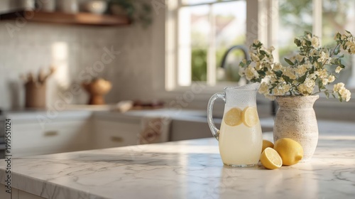 Wallpaper Mural Kitchen countertop with a pitcher of lemonade and a vase of white flowers on it. the pitcher is made of glass and has a handle on top. there are three lemons on the countertop next to the pitcher. Torontodigital.ca
