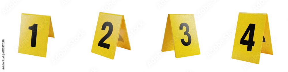 Ταπετσαρία Forensic Evidence Marker PNG Set, Yellow Numbered Tent Signs 1-4 Isolated on Whi