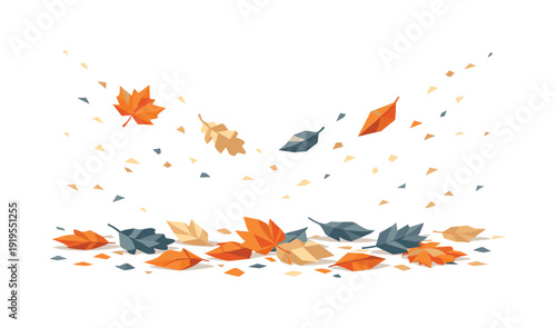 Autumn Leaves Transition. Low-poly vector illustration of an autumn leaves storm future state, leaves settling into a wide refined