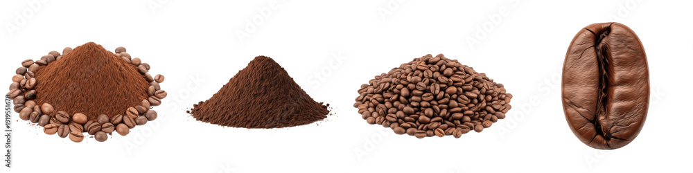 Obraz premium Premium Coffee Collection PNG Set, Roasted Beans and Ground Espresso Piles Isolated on White, Cafe Ingredient Clipart