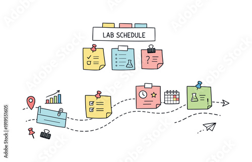 Milestone roadmap path, notebook strips as checkpoints, mini chart and calendar icons, pinned sticky notes for Lab schedule