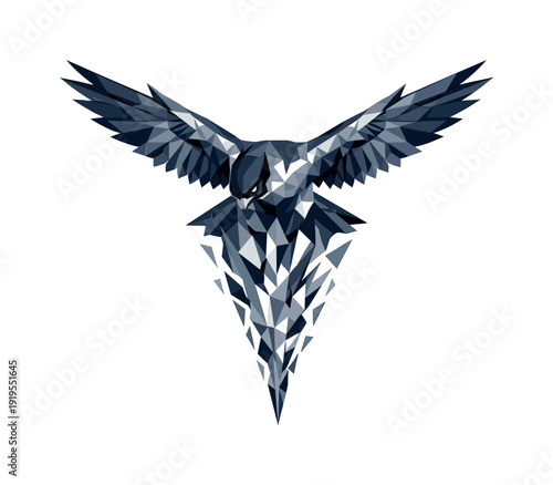 Low-poly vector illustration of a falcon spotting prey before a dive, wings spread wide in an angular hovering posture, head